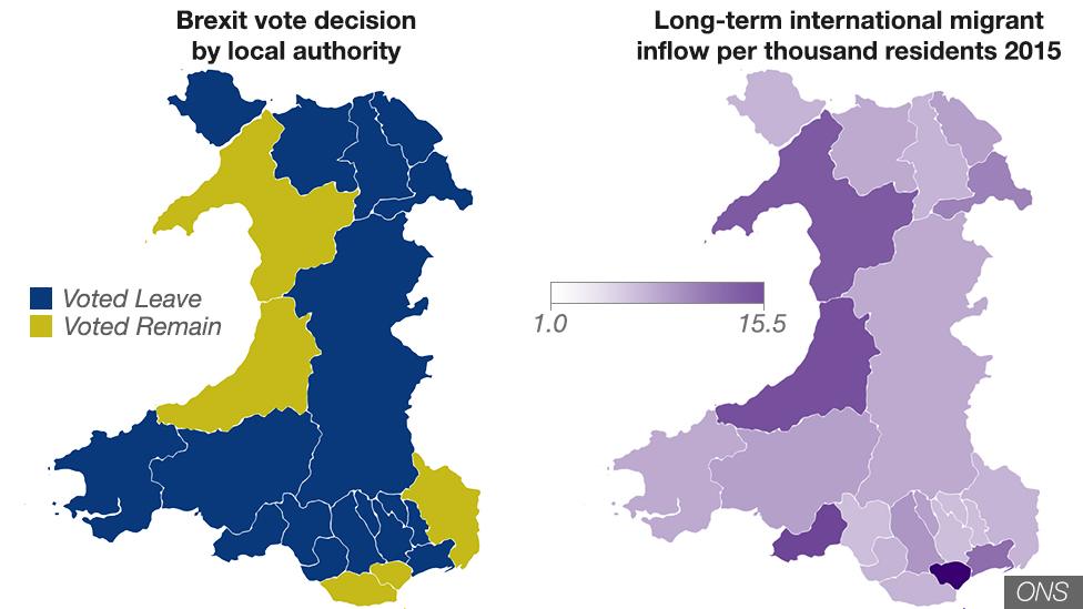 Two graphic maps showing the Brexit vote across regional Wales and the long-term migrant inflow across Wales' regions