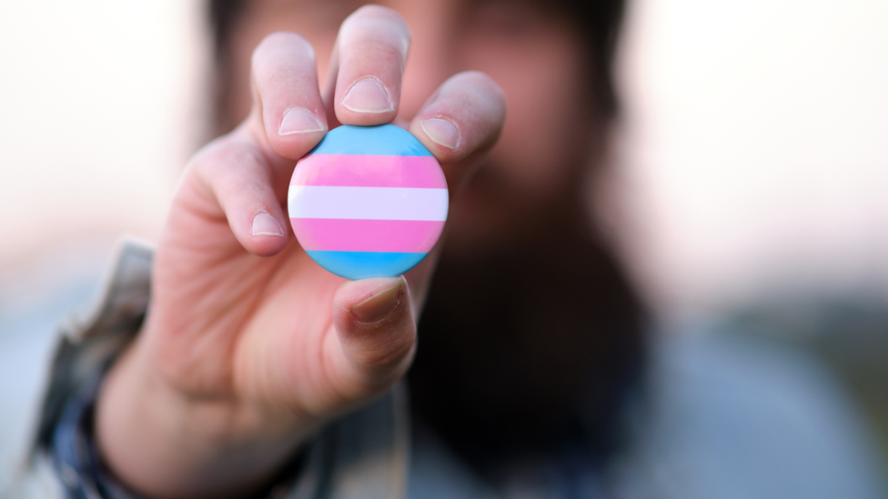 A pin showing the transgender colours flag