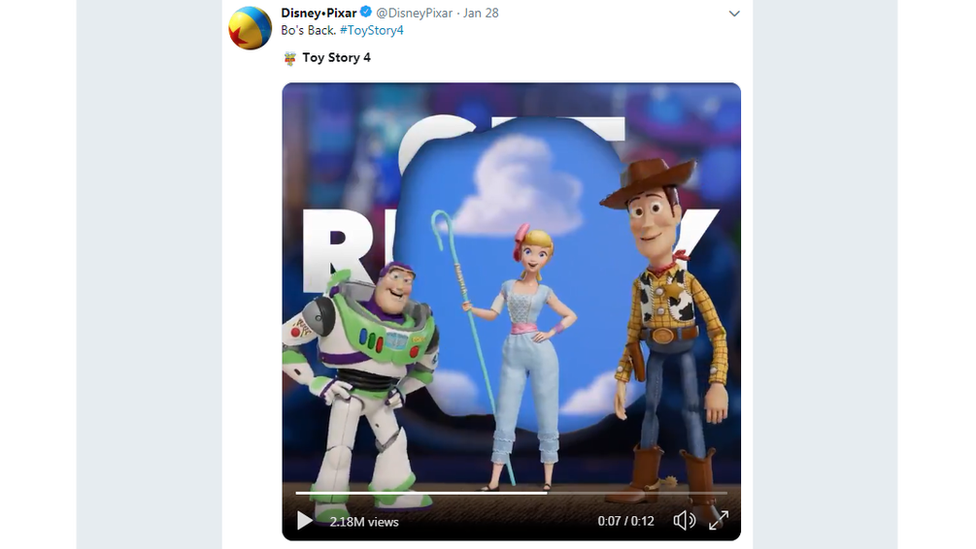 A tweet showing Buzz, Bo Peep and Woody