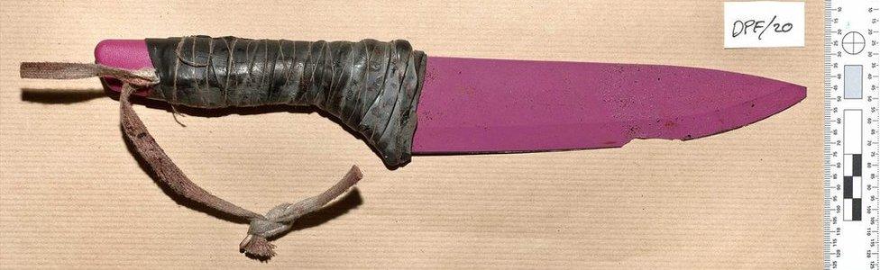 12-inch pink ceramic knives were strapped to the wrists of the attackers