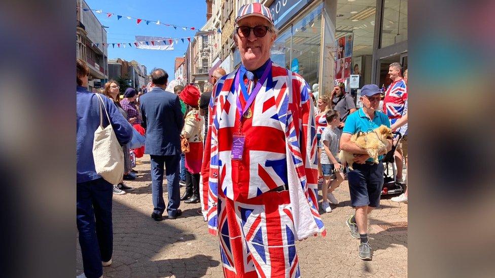 Ralph Hault in an entirely Union Jack three-piece suit