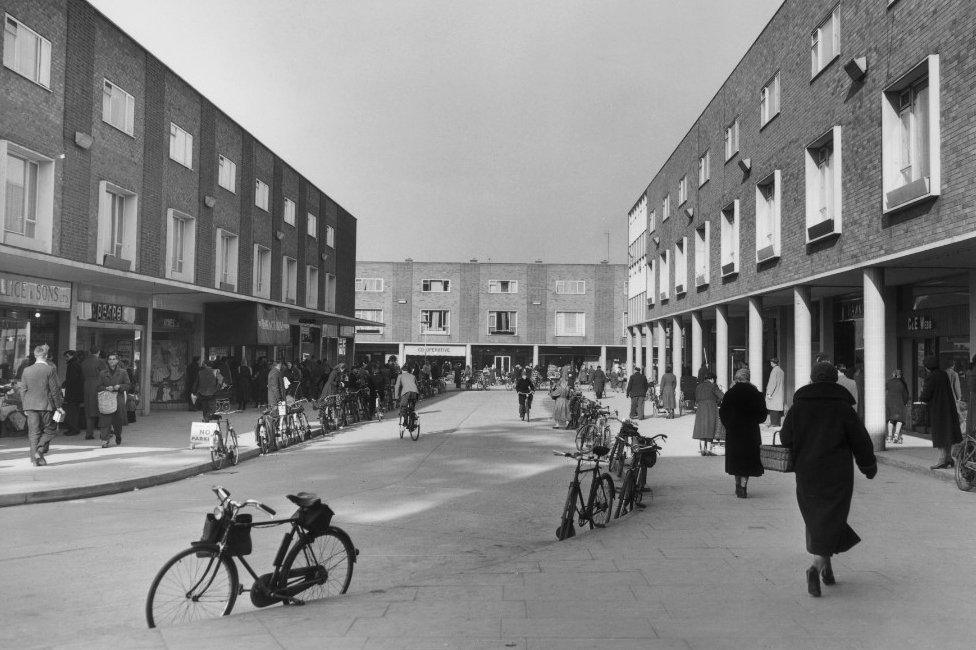 4 February 1956: The Stow, a busy shopping precinct in Harlow New Town, Essex.