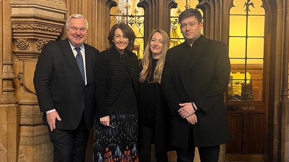 Ceri Menai-Davis and his wife, Frances, with his local MP Oliver Heald (left) and work and pensions minister Jo Churchill (second left).