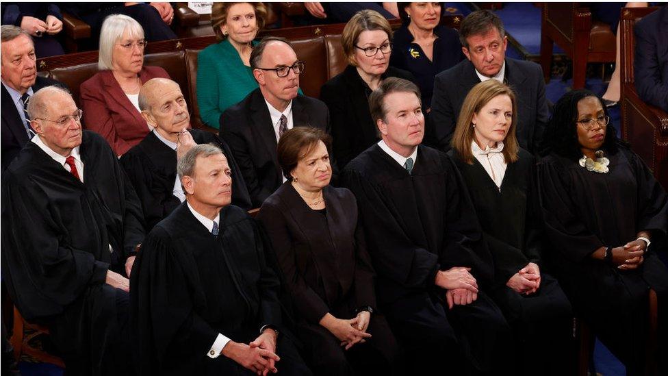 Former Supreme Court justices Anthony Kennedy and Stephen Breyer join Chief Justice John Roberts and current associate justices Elena Kagan, Brett Kavanaugh, Amy Coney Barrett and Ketanji Brown Jackson