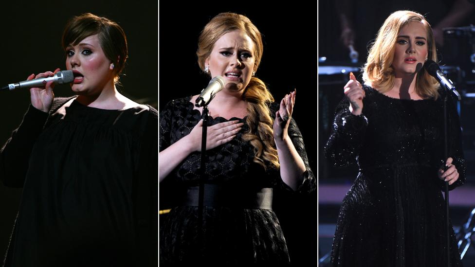 Adele in 2008, 2011 and 2015