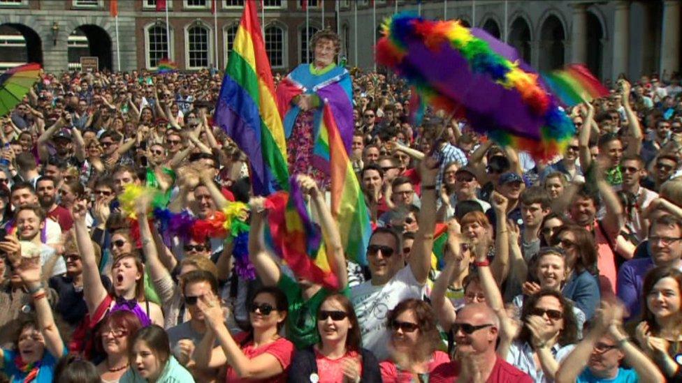 Crowds in Dublin on the day the result of Ireland's referendum on same-sex marriage was declared