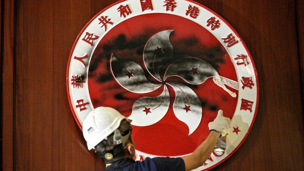 A protester defaces the Hong Kong emblem with black paint