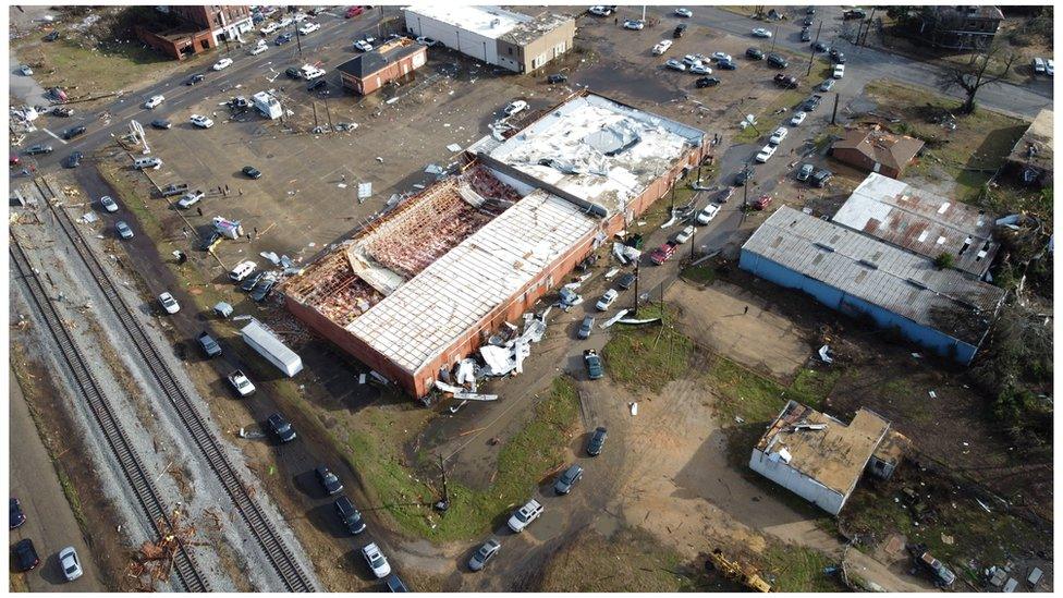 Aerial view shows damage after a tornado ripped through Selma, Alabama