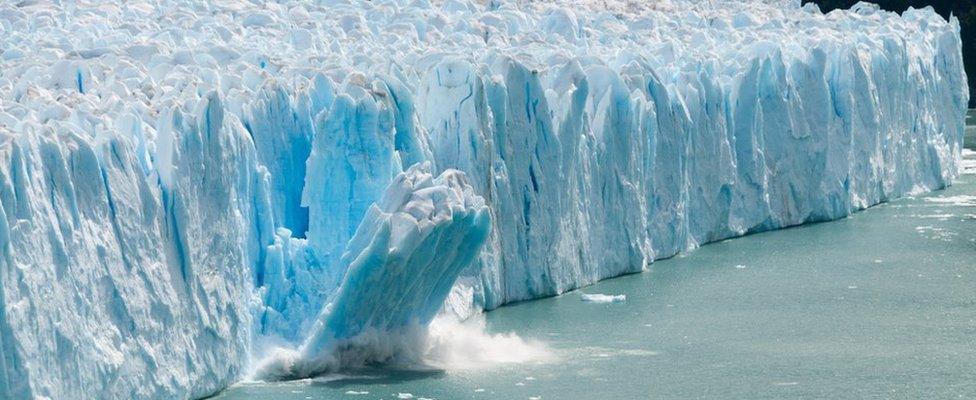 A giant piece of Ice breaks off the Perito Moreno Glacier in Patagonia, Argentina