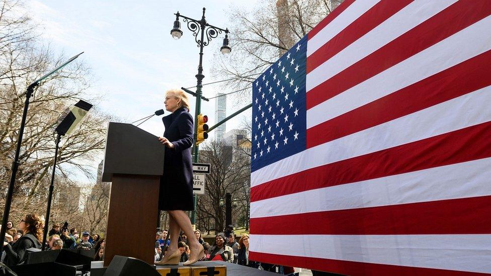 Democratic presidential candidate Kristen Gillibrand speaks during the official kick-off rally of her campaign