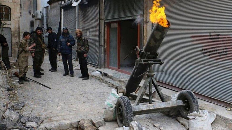 Syrian rebels fire locally-made shells against Syrian government forces, in Aleppo (February 2015)