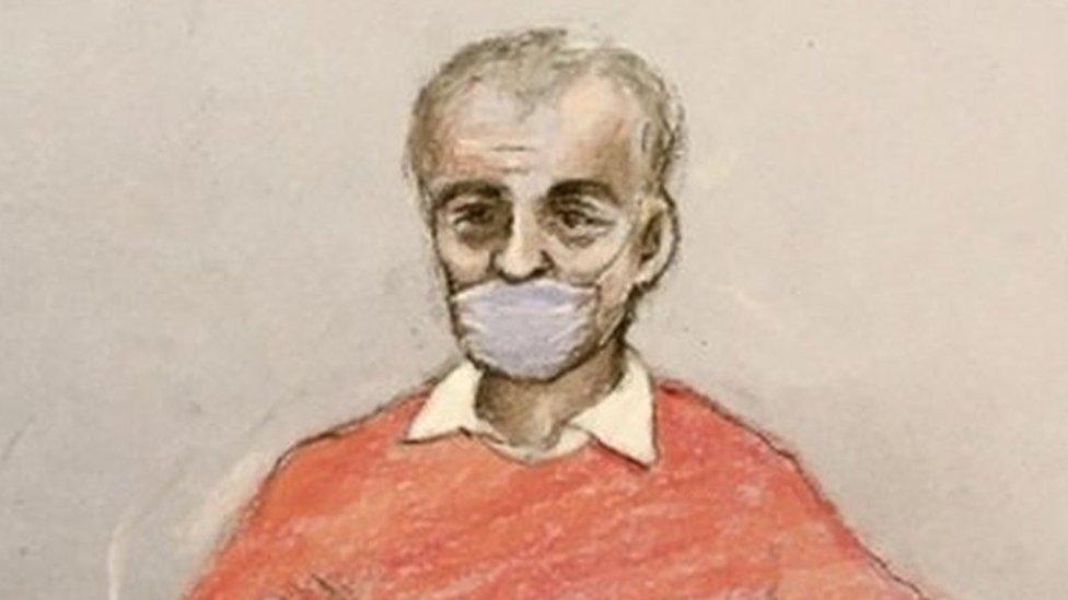 Court artist sketch by Elizabeth Cook of Barry Bennell appearing via video link before Michael Kent QC