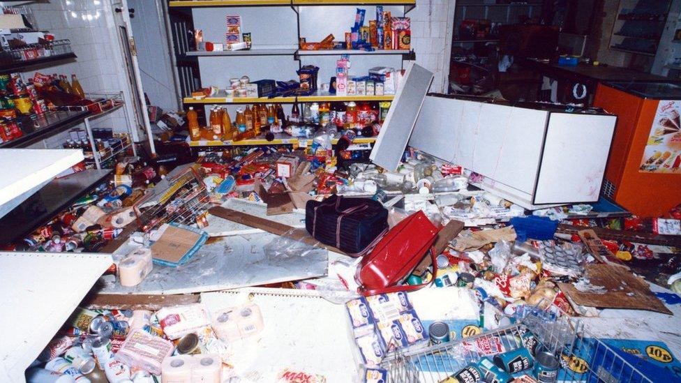 Scene in the general store on Avon Avenue after the Meadow Well riots, 11 September 1991