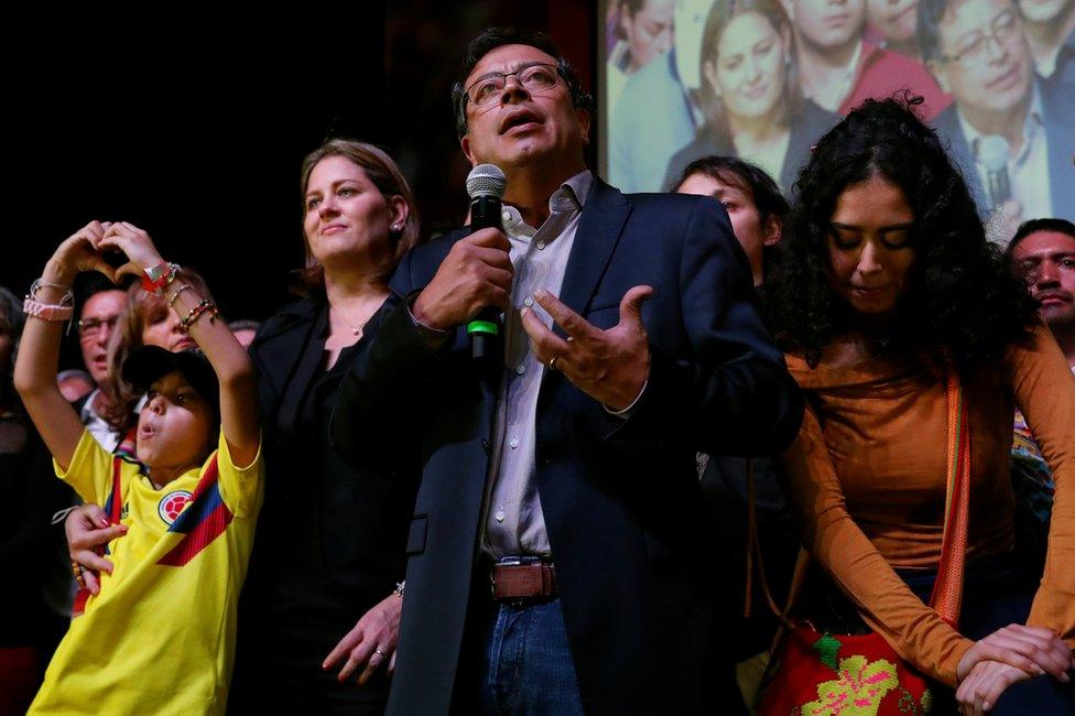 Gustavo Petro speaks to supporters and the news media after polls close in the first round of the presidential election in Bogota, Colombia, 27 May