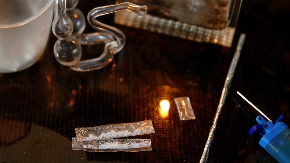 Sachets of shabu, or methamphetamine (middle-lower part), is pictured among other drugs paraphernalia at an undisclosed drug den in Manila, Philippines June 20, 2016