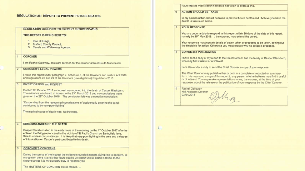 Regulation 28 report issued following the inquest into the death of Caspar Blackburn