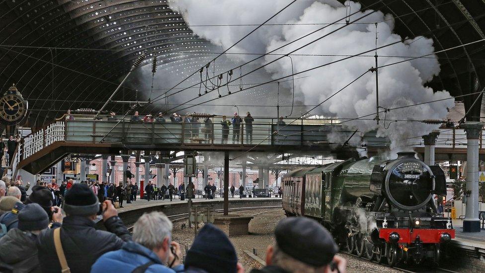 The Flying Scotsman chugging through York train station