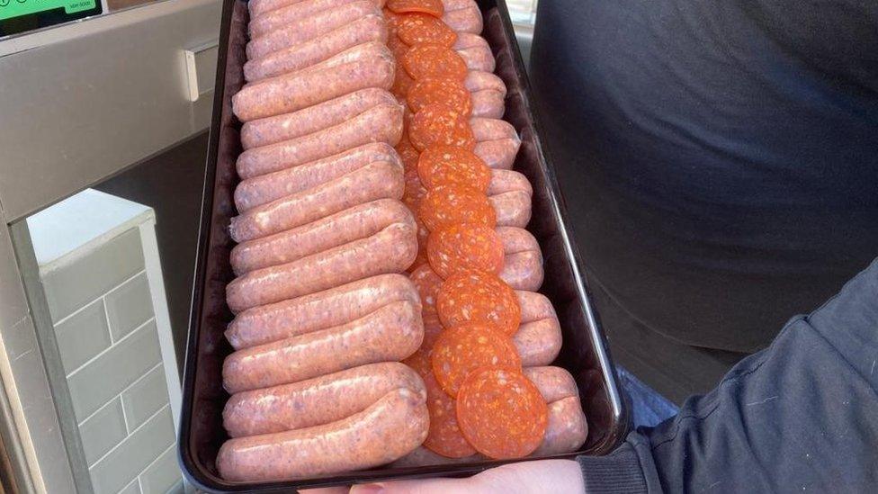 Close up of a tray of Sunderland sausages