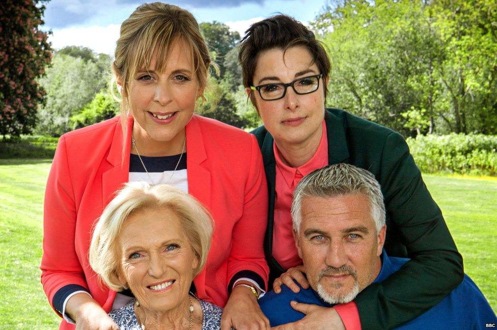 (clockwise) Mel Giedroyc, Sue Perkins, Paul Hollywood, Mary Barry