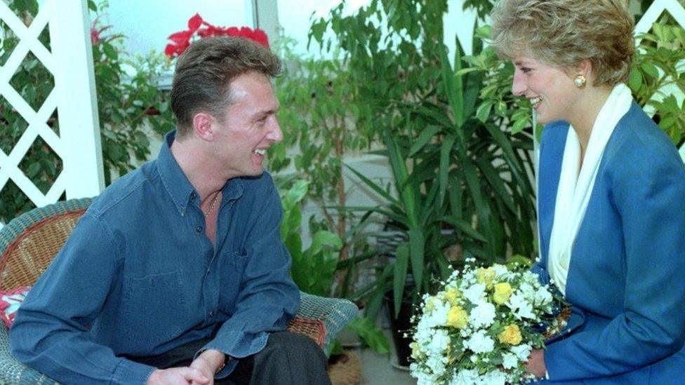 Princess of Wales meeting patient Michael Kelly at Mildmay Hospital in east London, November 1991