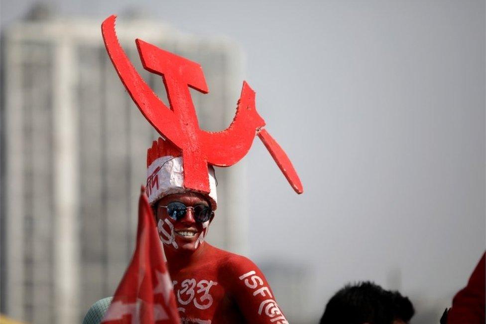 Activists attend an election campaign mass gathering at Brigade Ground ahead of Assembly election in Kolkata, Eastern India, 28 February 2021. Thousands of Left, National Congress and Indian Secular Front activists participate a mass rally and gathering along with their leaders in Kolkata.