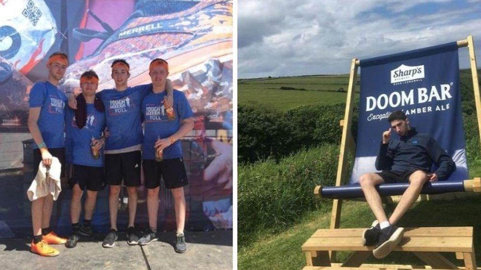 On the left, Jolyon poses at a Tough Mudder competition; on the right he's pulling a silly face while sitting in a giant deck chair