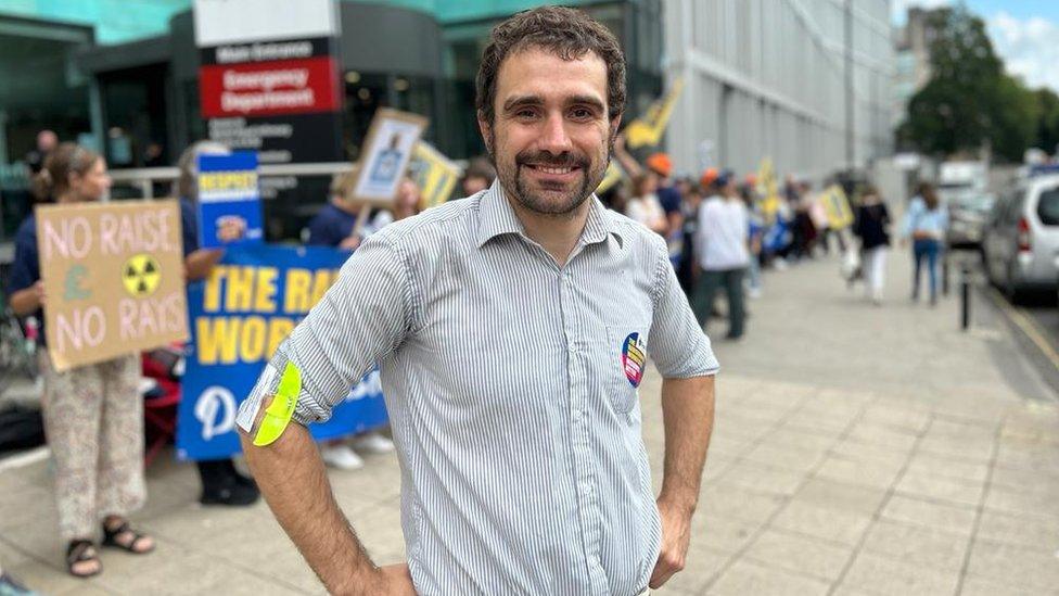 Nick Lowry at the front of a picket line