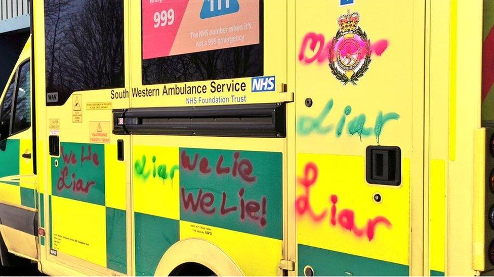 Graffiti reading 'liar' spray-painted over a South Western Ambulance Service NHS Foundation Trust ambulance