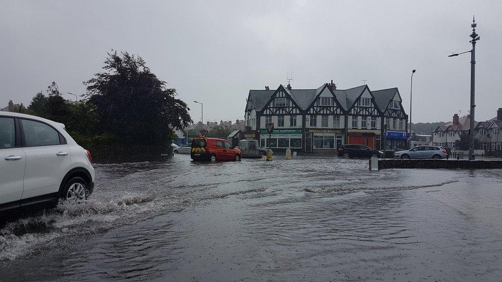 Flooded high street in Rhyl