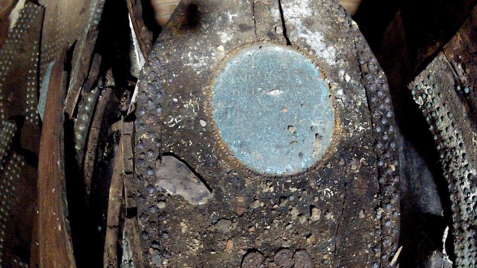 Coffin inside a tomb at Gloucester Cathedral