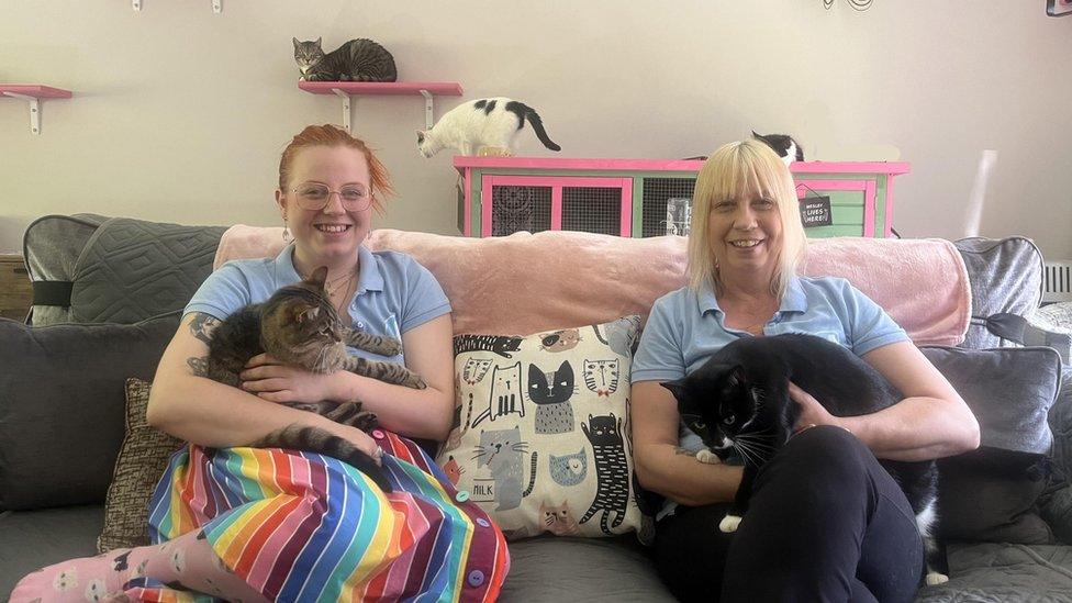 Lauren and Karen with cats