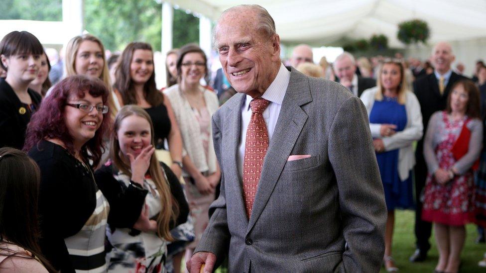 The former Duke of Edinburgh attending the presentation for Gold Award holders in the gardens at the Palace of Holyroodhouse in Edinburgh