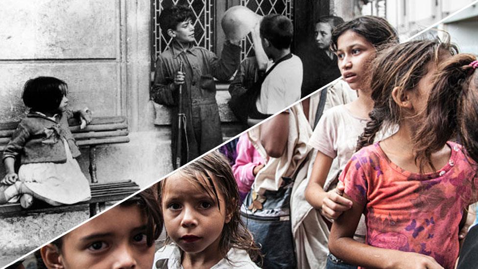 A composite image, cut diagonally, shows an old black-and-white photo of Spanish children playing with a rifle and helmet during the Spanish civil war ; and right, a modern colour image of hungry children in Caracas, Venezuela