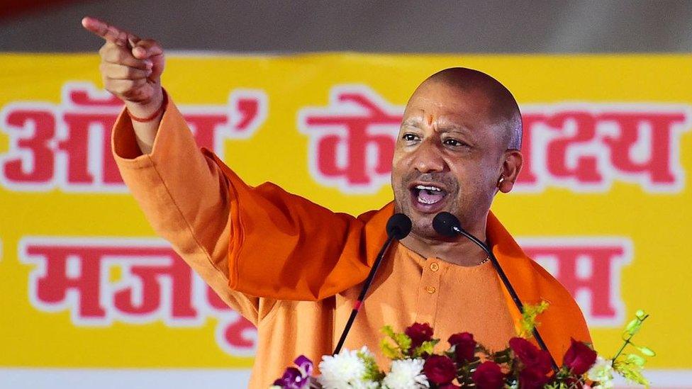 The chief minister of India's Uttar Pradesh state Yogi Adityanath addresses a public rally.