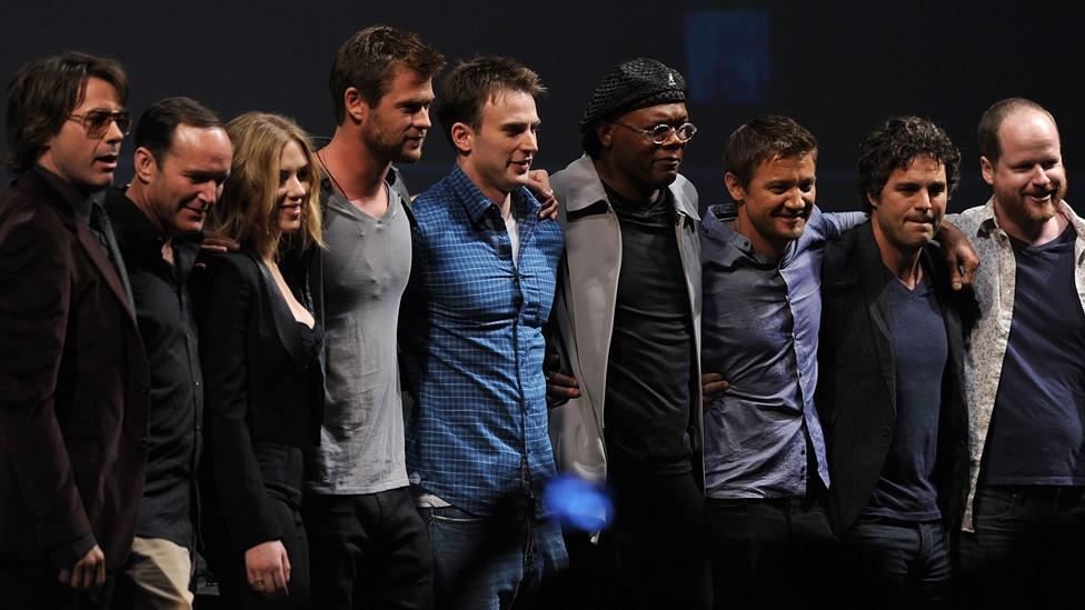 Joss Whedon with the cast of the Avengers in 2010