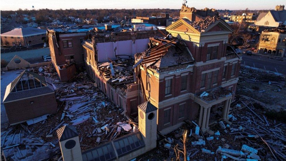 The heavily damaged Mayfield courthouse