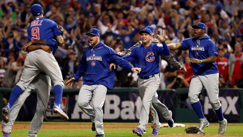 Chicago Cubs players celebrate winning the World Series