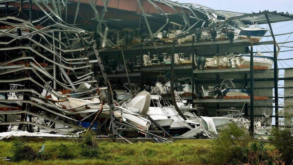 Damaged boats in a multi-level storage facility are seen following passage of Hurricane Harvey at Rockport (26 August 2017)