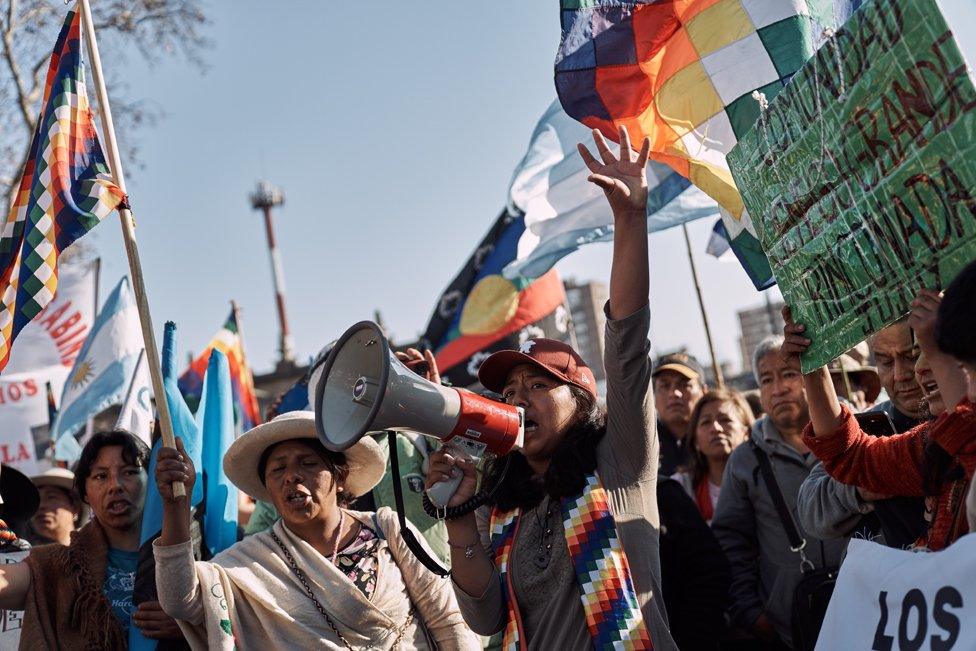 Milagros Lamas, 19, speaks during a demonstration in downtown Buenos Aires, where indigenous communities arrived after traveling more than 1,800 kilometres in what they called the Third Malón de La Paz, on August 1, 2023.