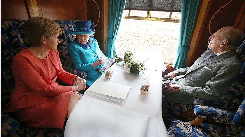 First Minister of Scotland Nicola Sturgeon, Queen Elizabeth and Prince Philip, Duke of Edinburgh, on board the steam locomotive 'Union of South Africa' on the day she becomes Britain's longest reigning monarch on September 09, 2015 in Edinburgh, Scotland.