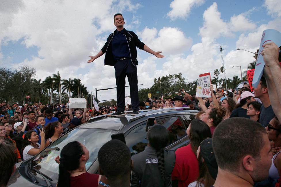 Cameron Kasky addressing a rally at Marjory Stoneman Douglas High School after participating in a county wide school walk out