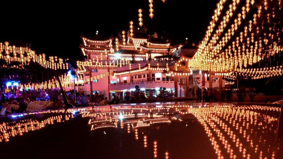 Thean Hou temple decorated with red lanterns in Kuala Lumpur