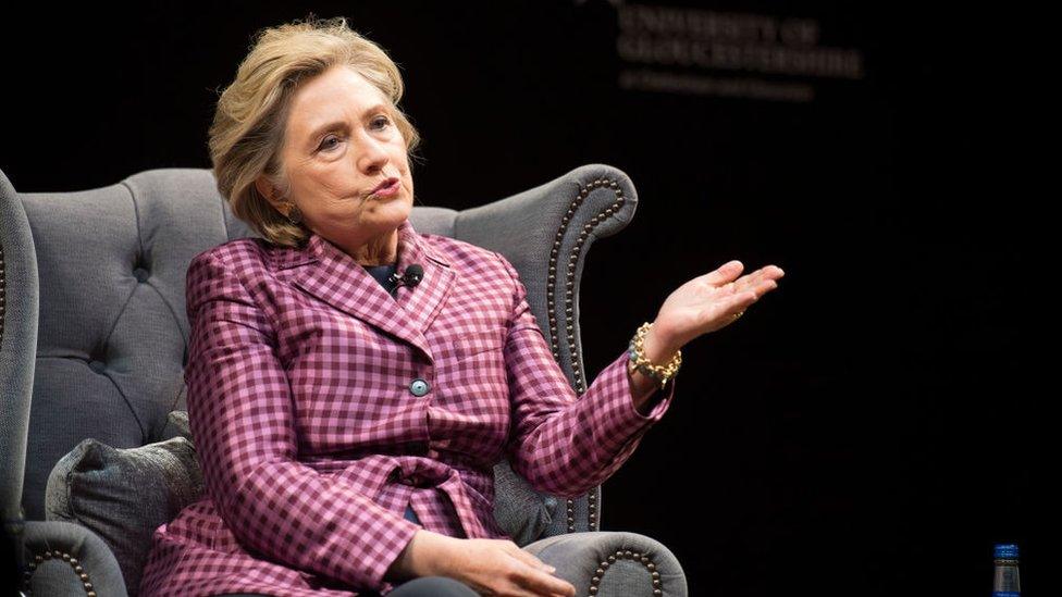 Hillary Clinton is interviewed in Cheltenham, England.