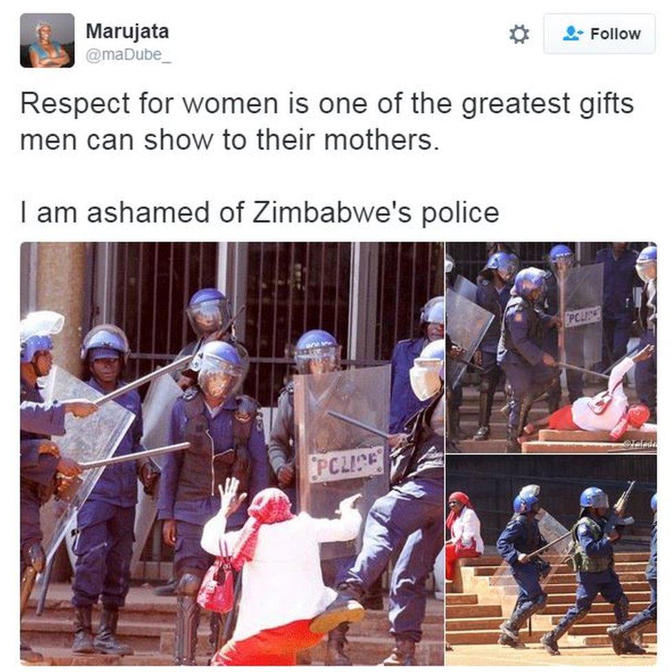 A tweet reading: Respect for women is one of the greatest gifts men can show to their mothers. I am ashamed of Zimbabwe's police