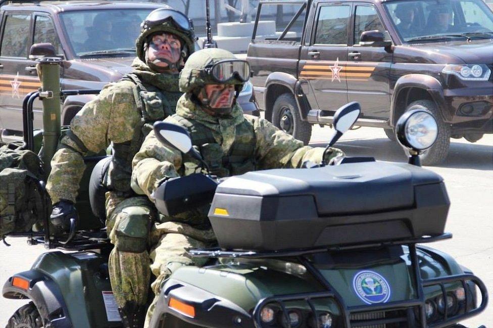 Russian troops on small new jeep, 6 May Victory Day rehearsal