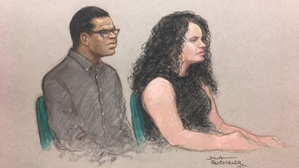 Court sketch of Darren Pencille (L) and Chelsea Mitchell in the dock at the Old Bailey