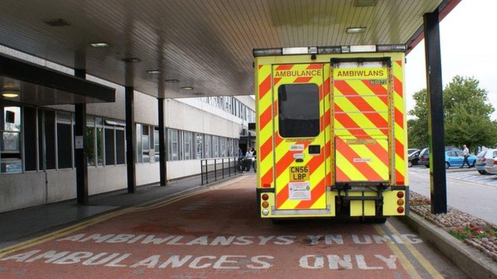 Ambulance outside Glan Clwyd Hospital's A&E department in Bodelwyddan, Denbighshire