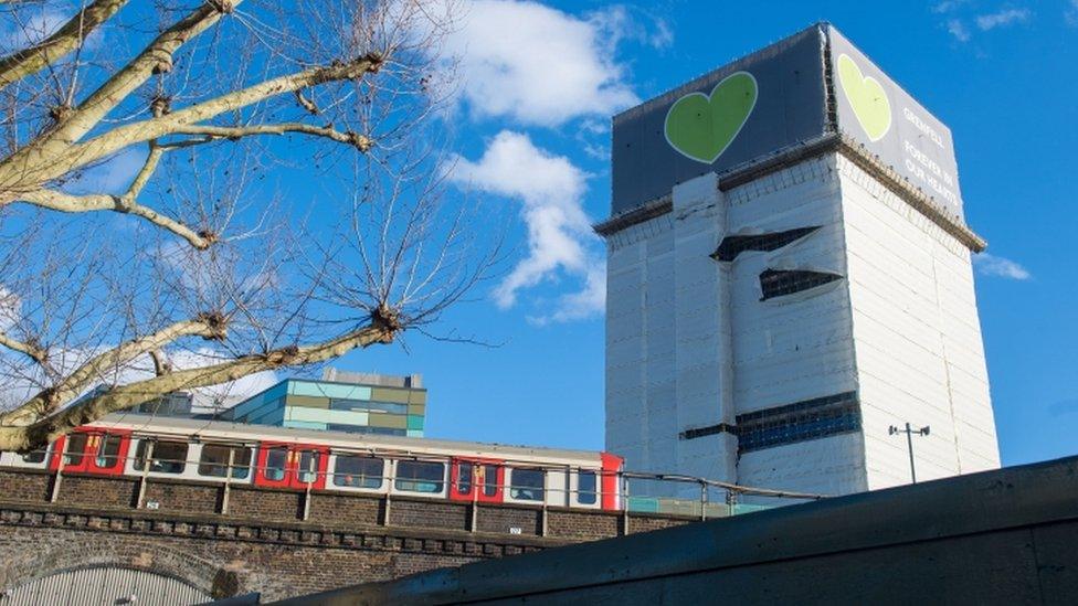 Grenfell Tower, in west London, after high winds damaged plastic sheeting covering the building.