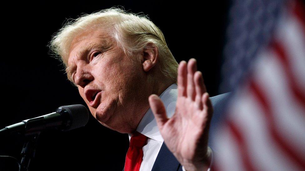 Donald Trump speaks to a crowd with the American flag behind him