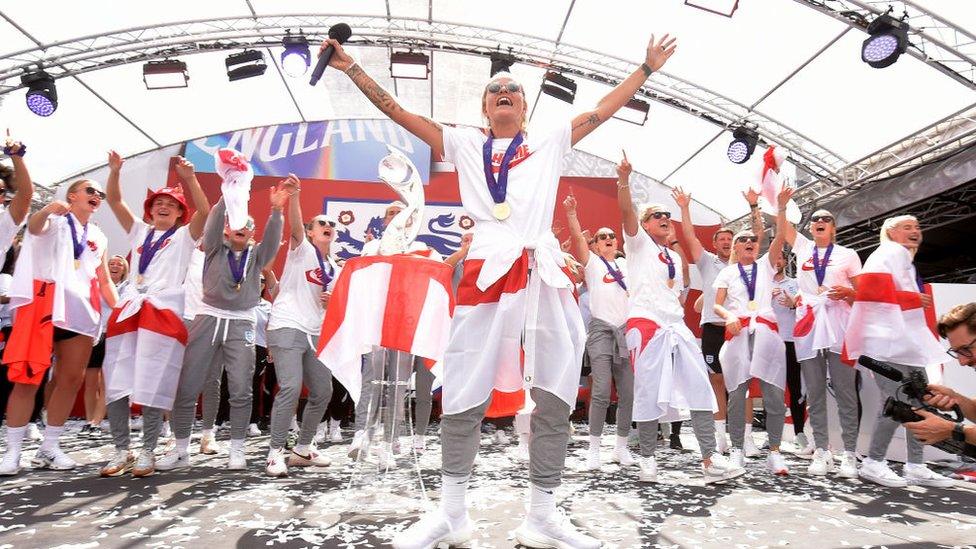 Rachel Daly of England celebrates with teammates during the England Women's Team Celebration at Trafalgar Square